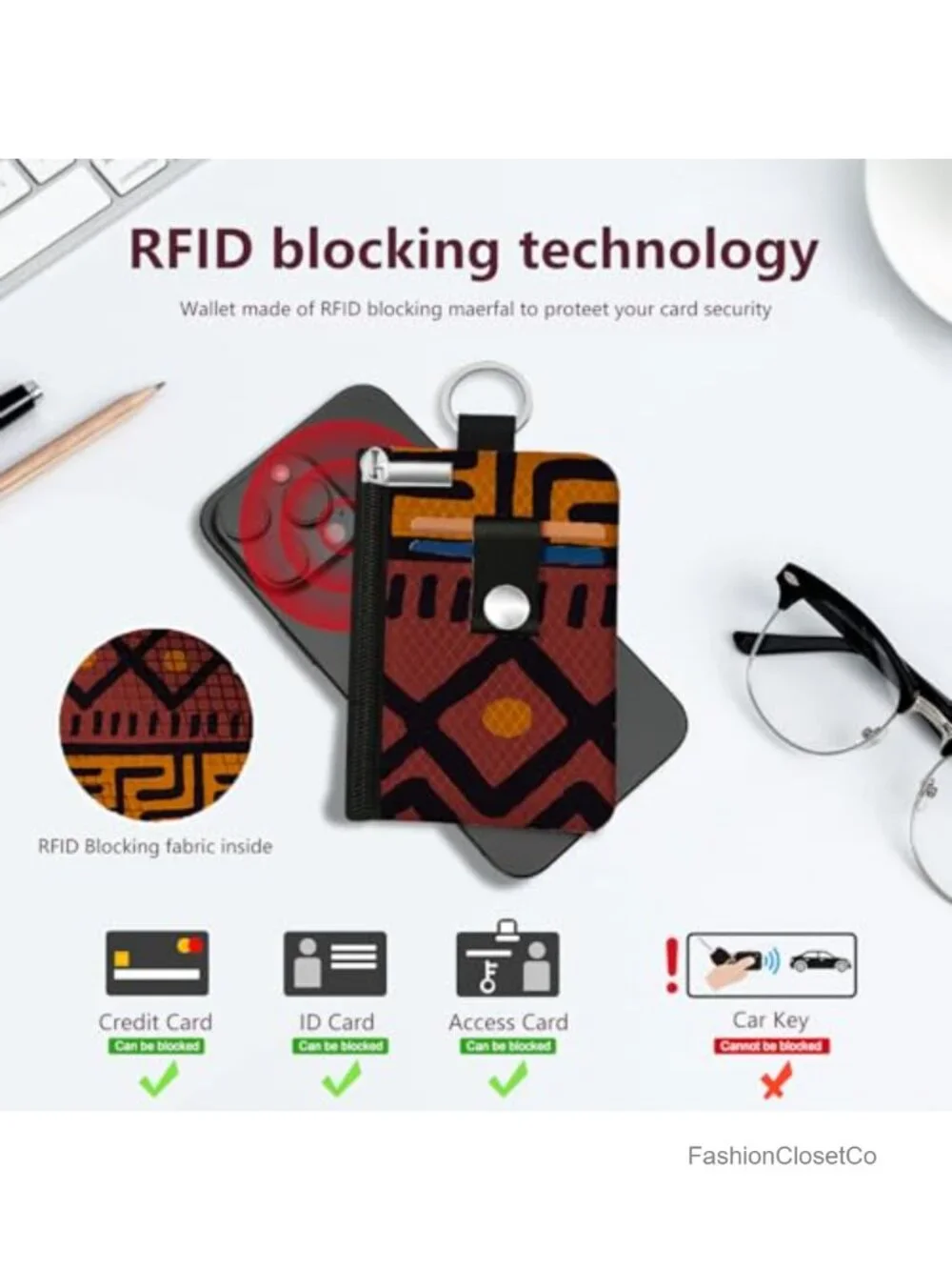 Mini Zip Card Case with ID Window RFID Blocking Keychain Wallet